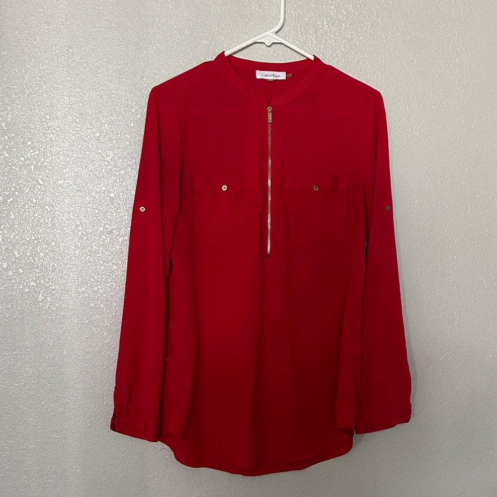 Calvin Klein Lightweight Red Long Sleeve Tunic Blouse Top